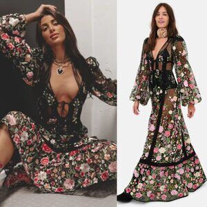 For Love and Lemons Luna Black Maxi Dress Floral Embroidered Mesh Sheer Size M